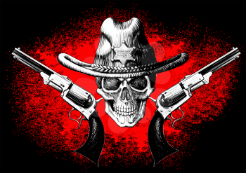 skull wearing a cowboy hat with two guns on the black and red background