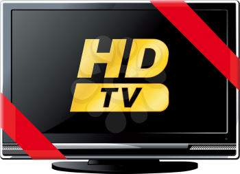 Modern LSD HD TV with a red ribbon and the words HD isolated on white