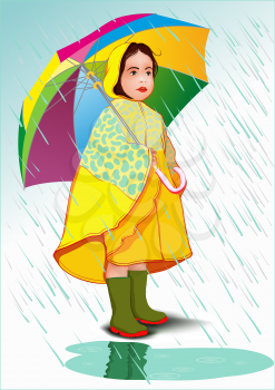 Little girl under umbrella in raincoat standing in the rain