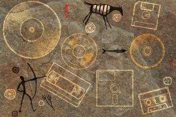 Seamless ornament depicting prehistoric cave paint with hunters animals and floppy disk, tape, and the plate.