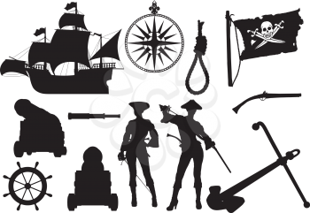 Set of silhouettes on a pirate theme black isolated on white background