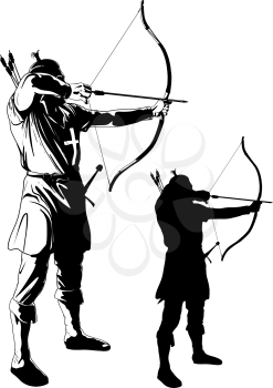 archer in medieval clothes takes aim and string bow