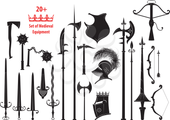 set of silhouettes of medieval equipment and knightly cold and small arms