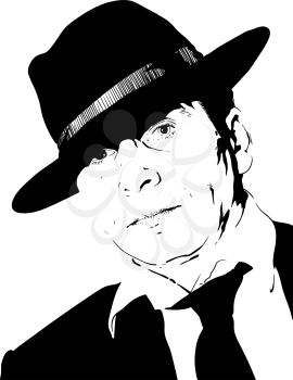 the silhouette of an adult elegant man in a classic Fedor hat and in a suit with a tie