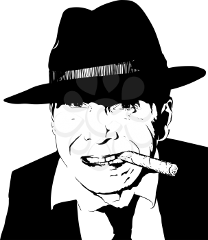 silhouette of an adult man with an aggressive expression in a classic Fedor hat with a cigar in his teeth