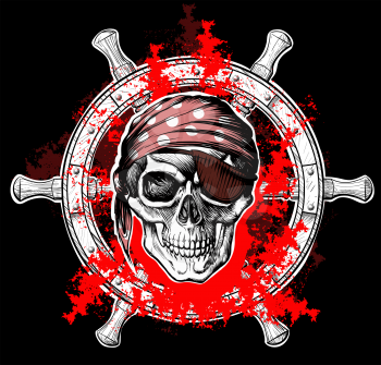 pirate symbol jolly roger skull on the background of the helm and blood red blobs