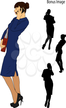 young girl secretary in a strict dress talking on a mobile phone and holding a folder with papers