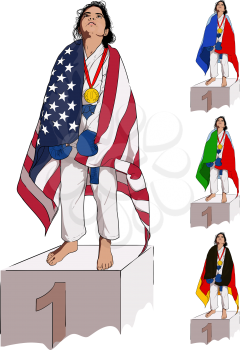 A little girl in a kimono stands in the first place on a pedestal, wrapping her shoulders in a US flag. And some bonus images with flags of other countries.