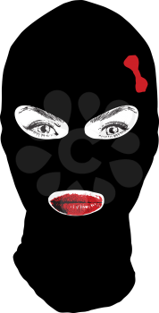 beautiful girl in a fully covering face of a black mask with a small red bow
