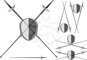 crossed sabers and fencing mask in several variations isolated on white background