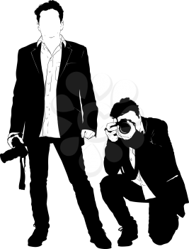 Two silhouettes of a man with a camera who is standing and who is crouching