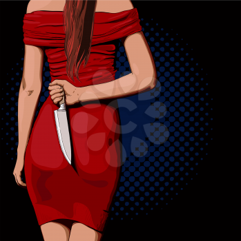 A young girl in a bright red dress faces the danger of hiding behind a long kitchen knife