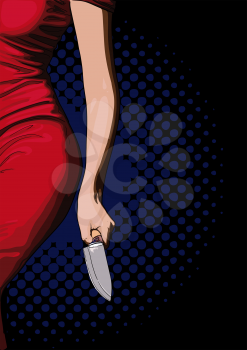 A young girl in a bright red dress faces a danger by exposing a long kitchen knife