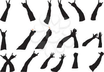 Several silhouettes of hands in Rock gestures of encouraging musicians