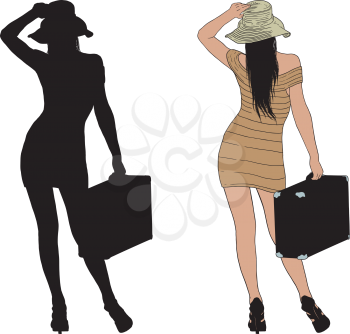 girl with an old suitcase in a short dress and hat looks into the distance