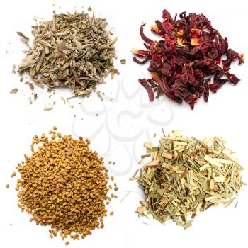 a few pinches of the most traditional Egyptian herbal teas on the white background
