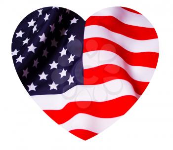 Red blue white Starry striped waving US flag decorated in the shape of a heart