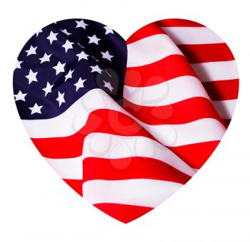 Red blue white Starry striped waving US flag decorated in the shape of a heart