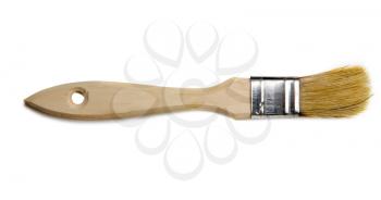 A small new paint brush with a wooden handle of bristles isolated on a white background