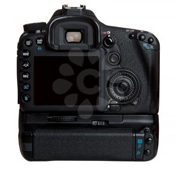 Black digital SLR camera isolated on white backgrounds of the connected battery grip seen from behind