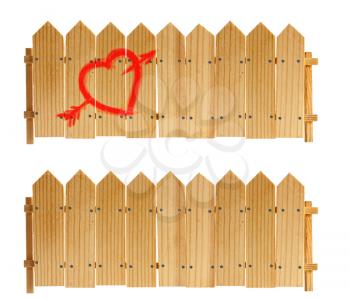 Old classic rural Wooden fences one empty second with a red heart pierced by an arrow with a symbol of love