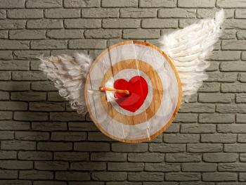Abstract image of a Rough Wooden target with a symbol of a heart symbolizing the love of a pierced arrow flies against a gray brick wall.