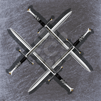 four crossed richly decorated long knight swords on the background of a metal background
