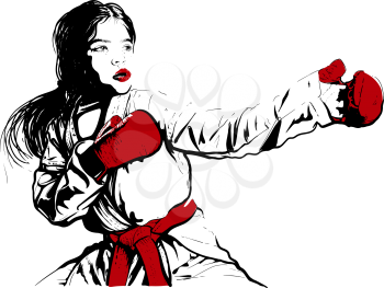 karate girl in red sports gloves, kimono and red belt for the competition stood in the classic position of readiness for the fight