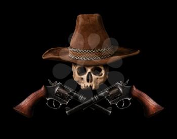 Skull in a traditional wide-brimmed cowboy hat with two revolvers on a dark background