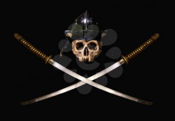 Skull in a samurai helmet with two crossed katanas on a black background
