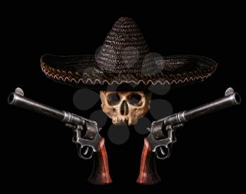 Skull in a traditional wide-brimmed Mexican hat with two revolvers on a dark background