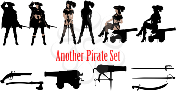 a set of silhouettes of a pirate captain girl in several poses and an additional small set of weapons