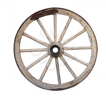 old disused wooden cart or wagon wheel isolated on white background