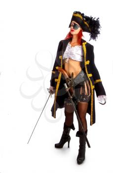 sexy girl in a pirate costume and a cocked hat stands armed with a sword on a white background in high heels. With a hook instead of the left hand