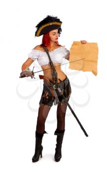 Armed sexy girl pirate captain in stockings and a miniskirt holding a blank parchment with space for a card or text