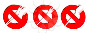 prohibition sign cut out of red paper with disposable plastic forks and spoons