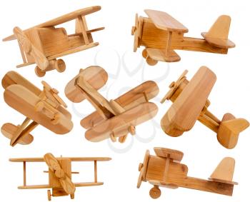 Wooden homemade biplane airplane in different projections isolated on a white background