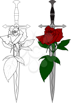 Steel sharp sword and rose flower. black and color on a white background