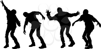 silhouettes Attacking zombies in torn old clothes go towards the viewer. Isolated on a white background.