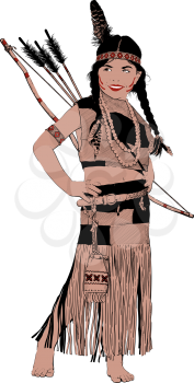 Native American girl in traditional dress and with bow and arrow smiling posing on a white background