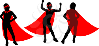 Black Silhouette of a strong superhero supergirl in a fluttering red cloak on a white background