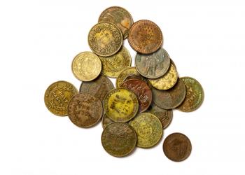 several old copper coins of different countries and different denominations on a white background