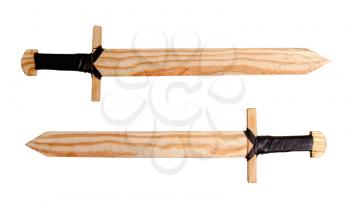 two children s homemade toy wooden swords isolated on white background
