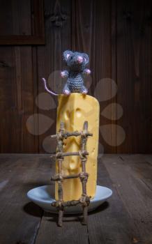 a small toy mouse symbol of 2020 with the help of a homemade wooden ladder climbs onto a large piece of cheese