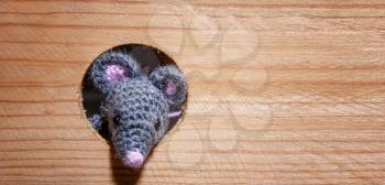small toy mouse 2020 symbol peeks out of a round mink in a wooden wall