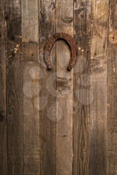 a very old horse horseshoe nailed happily by a rusty nail to a wooden wall
