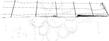 fence of several rows of old barbed wire isolated on a white background