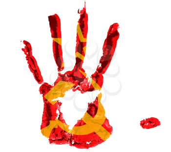 bloody handprint with the image of a sickle hammer and a star from the USSR flag visible on it