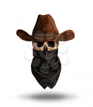 human skull in a wide-brimmed classic cowboy hat and bandanna hat Isolated on a white background