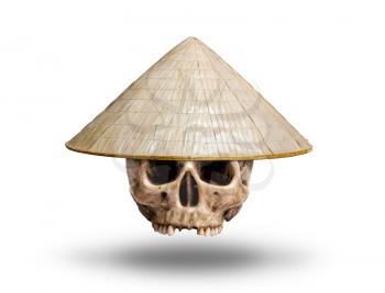human skull in straw cone asian hat isolated on white background